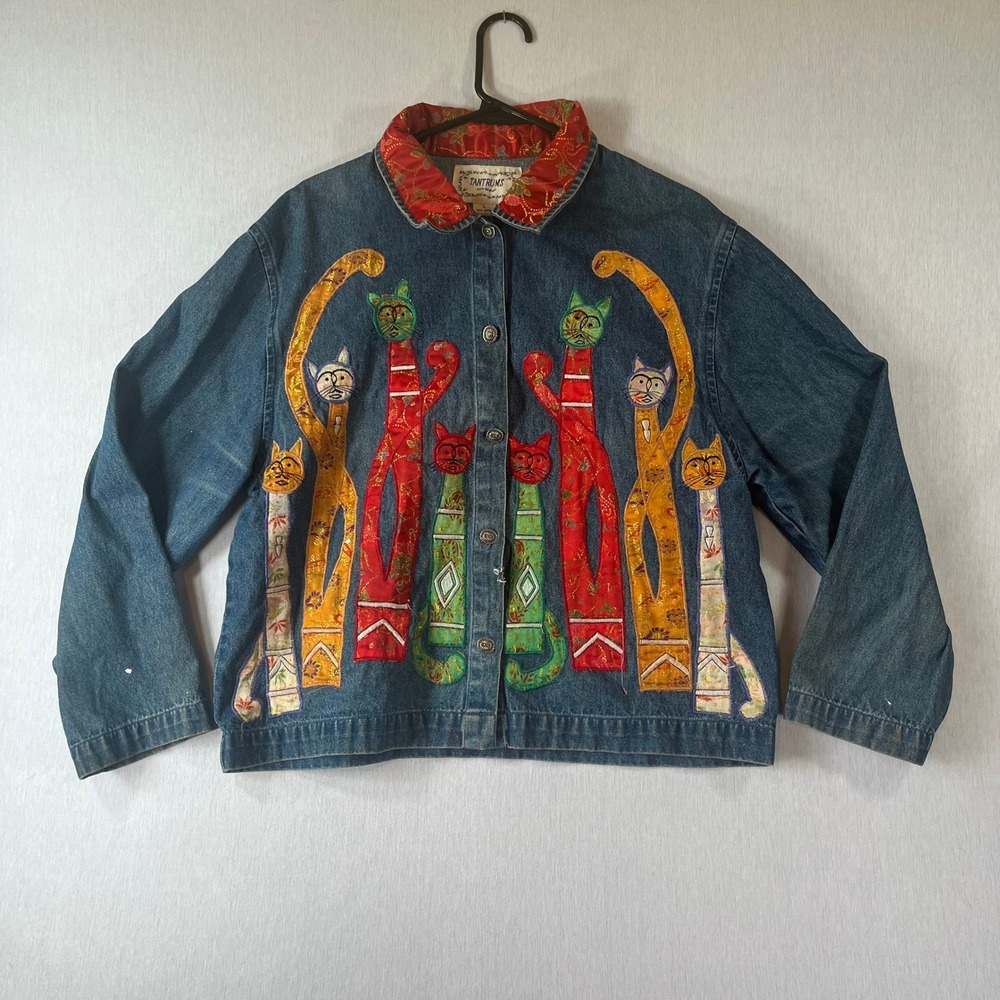 Tantrums Vintage Denim Jacket Women L Cat Patchwork Embroidered Art to Wear